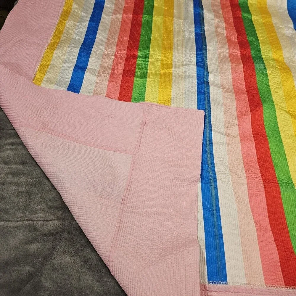 VTG Rainbow Quilted Comforter thin Twin Full Size‎ Pink Striped Retro Pink